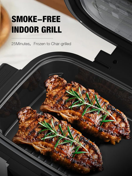 5-IN-1 Indoor Electric Grill, Nonstick Smokeless Indoor Grill with Grill, Air Fry, Dehydrate, Bake & Roast, 5QT Smart Air Fryer Grill Combo, Dishwasher Safe, 1450W, Black