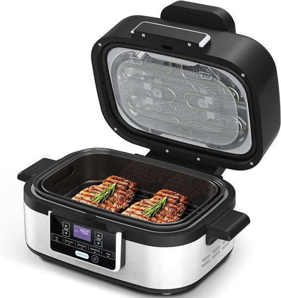 5-IN-1 Indoor Electric Grill, Nonstick Smokeless Indoor Grill with Grill, Air Fry, Dehydrate, Bake & Roast, 5QT Smart Air Fryer Grill Combo, Dishwasher Safe, 1450W, Black