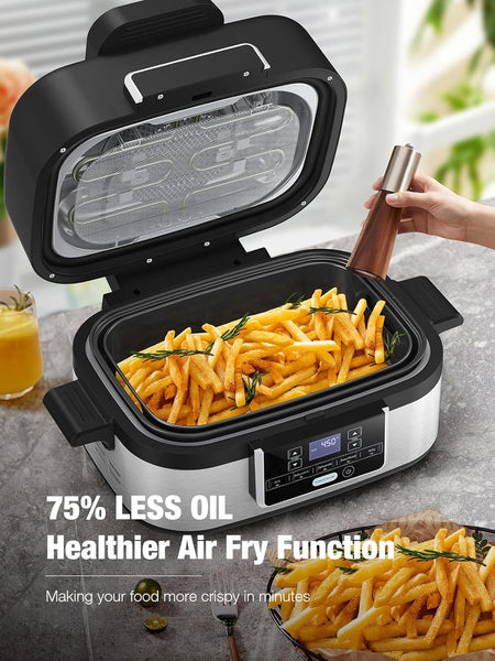 5-IN-1 Indoor Electric Grill, Nonstick Smokeless Indoor Grill with Grill, Air Fry, Dehydrate, Bake & Roast, 5QT Smart Air Fryer Grill Combo, Dishwasher Safe, 1450W, Black