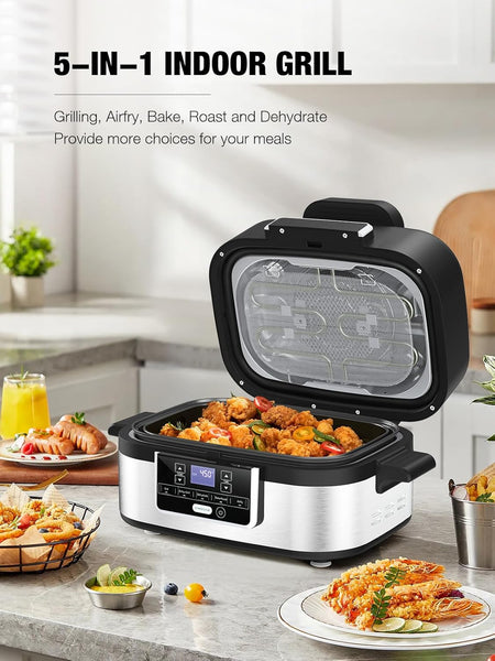 5-IN-1 Indoor Electric Grill, Nonstick Smokeless Indoor Grill with Grill, Air Fry, Dehydrate, Bake & Roast, 5QT Smart Air Fryer Grill Combo, Dishwasher Safe, 1450W, Black