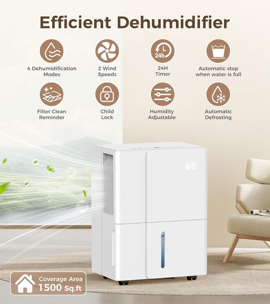 1500 Sq. Ft DehumidifierDehumidifier with Wheels,22 Pints, 4 Modes, LED Display, 24H Timer, Whisper-Quiet, 1.2 Gallon Tank