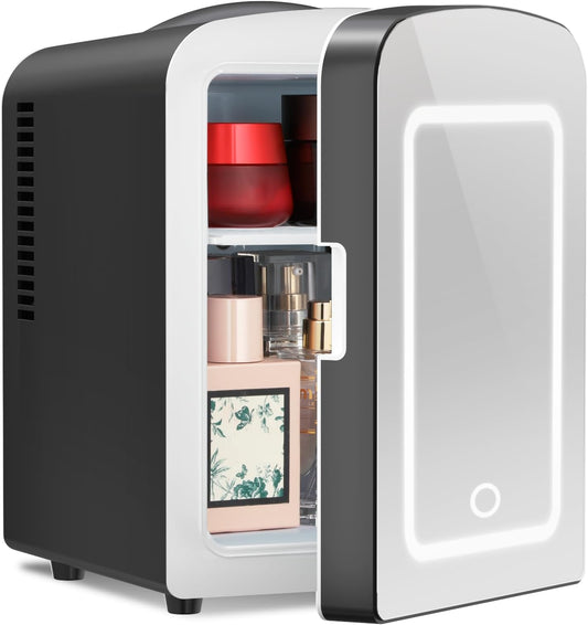Makeup Compact Refrigerator With LED Mirror, 4L Mini Fridge for Bedroom, Car, Office & Dorm, Portable Small Cooler for Cosmetics, Skin Care, Black