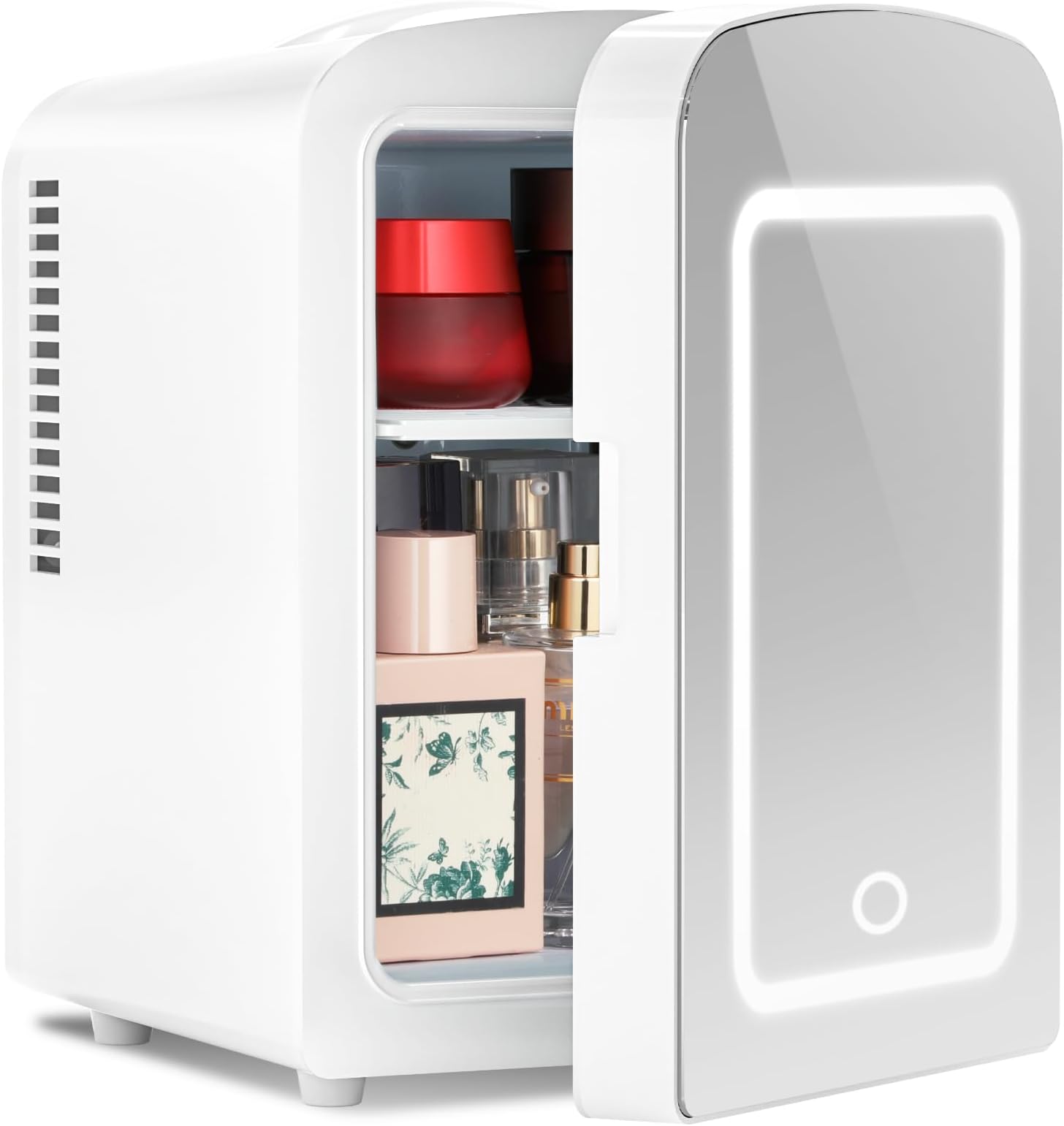 Makeup Compact Refrigerator With LED Mirror, 4L Mini Fridge for Bedroom, Car, Office & Dorm, Portable Small Cooler for Cosmetics, Skin Care, Black