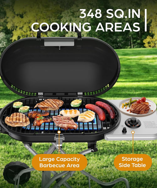 Portable Propane Gas Grill, 15000BTUS,BBQ Gas Grill with 348 SQ Inch Large Cooking Areas, Sturdy Quick-Fold Legs, Portable & Foldable Gas Grill