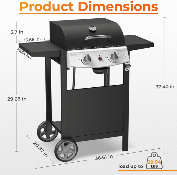 2-Burner Propane Gas Grill,20,000 BTU Stainless Steel BBQ Grill with Top Cover Lid,Wheels,Side Tables,Built-in Thermometer,Camping Barbecue Griddle for Patio,Party,Black