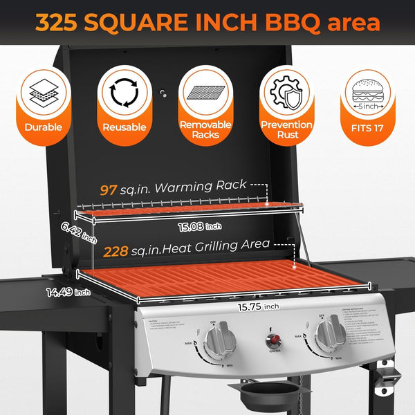 2-Burner Propane Gas Grill,20,000 BTU Stainless Steel BBQ Grill with Top Cover Lid,Wheels,Side Tables,Built-in Thermometer,Camping Barbecue Griddle for Patio,Party,Black