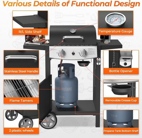 2-Burner Propane Gas Grill,20,000 BTU Stainless Steel BBQ Grill with Top Cover Lid,Wheels,Side Tables,Built-in Thermometer,Camping Barbecue Griddle for Patio,Party,Black