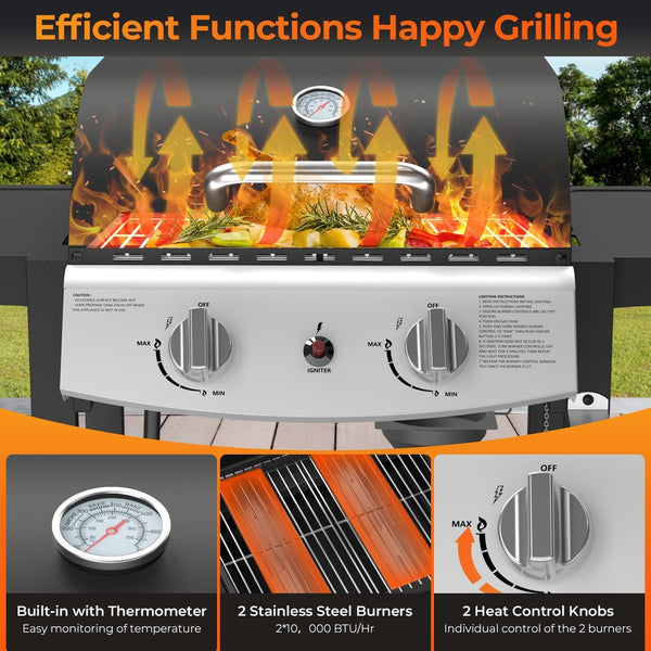 2-Burner Propane Gas Grill,20,000 BTU Stainless Steel BBQ Grill with Top Cover Lid,Wheels,Side Tables,Built-in Thermometer,Camping Barbecue Griddle for Patio,Party,Black