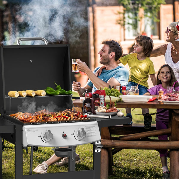 2-Burner Propane Gas Grill,20,000 BTU Stainless Steel BBQ Grill with Top Cover Lid,Wheels,Side Tables,Built-in Thermometer,Camping Barbecue Griddle for Patio,Party,Black