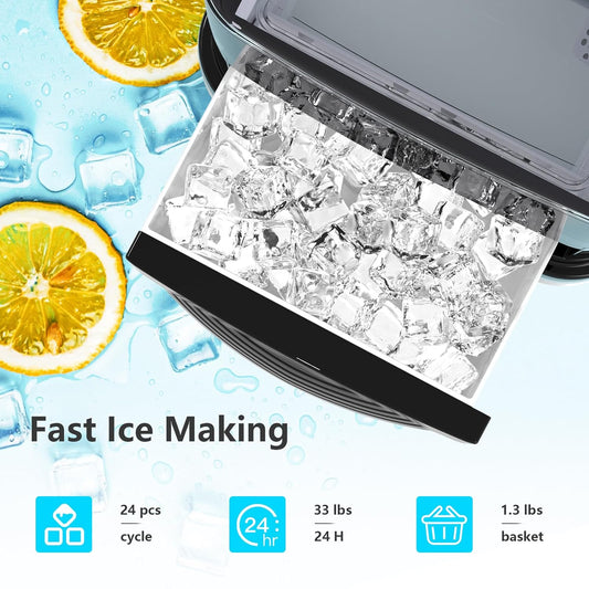 Cubic Ice Maker Machine, 24 pcs Ice Cubes One Cycle, 33 Lbs/24 Hrs, 2 Ice Sizes, Adjustable Ice Thickness, 1.3 Lbs Ice Storage Capacity,