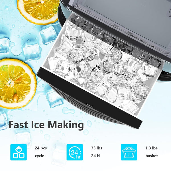 Cubic Ice Maker Machine, 24 pcs Ice Cubes One Cycle, 33 Lbs/24 Hrs, 2 Ice Sizes, Adjustable Ice Thickness, 1.3 Lbs Ice Storage Capacity,