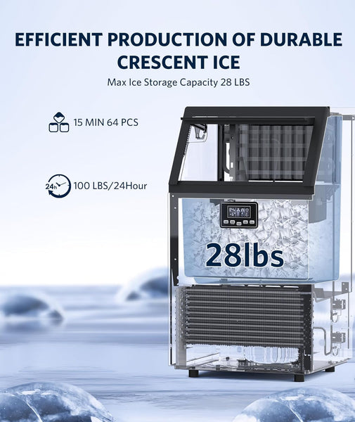 Commercial Crescent Ice Makers Machine Stainless Steel Makers 120 Lbs/24H with 33 Pounds Storage Capacity Crescent Ice Cubes Freestanding Party/Bar/Restaurant