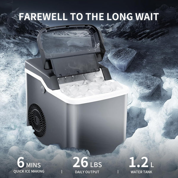Ice Makers Countertop,26.5Lbs/24H,Self-Cleaning Portable Ice Maker Machine with Handle,9 Bullet Cubes in 6 Mins,2 Sizes of Bullet Ice for Home/Kitchen