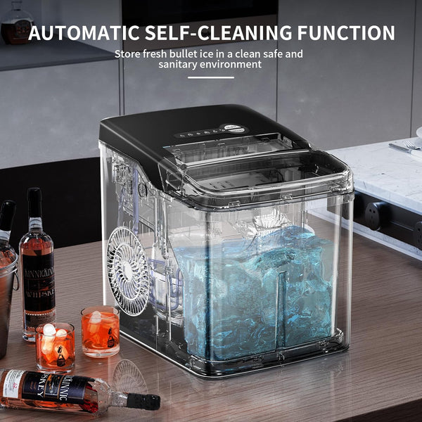 Ice Makers Countertop,26.5Lbs/24H,Self-Cleaning Portable Ice Maker Machine with Handle,9 Bullet Cubes in 6 Mins,2 Sizes of Bullet Ice for Home/Kitchen