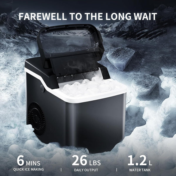 Ice Makers Countertop,26.5Lbs/24H,Self-Cleaning Portable Ice Maker Machine with Handle,9 Bullet Cubes in 6 Mins,2 Sizes of Bullet Ice for Home/Kitchen