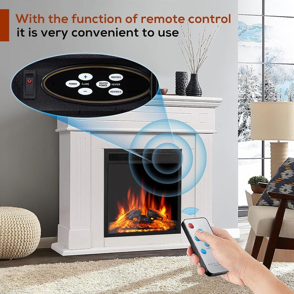 43” Electric Fireplace Mantel Wooden Surround Firebox, TV Stand with Freestanding Electric Fireplace, Remote Control, Adjustable Led Flame, 750W/1500w