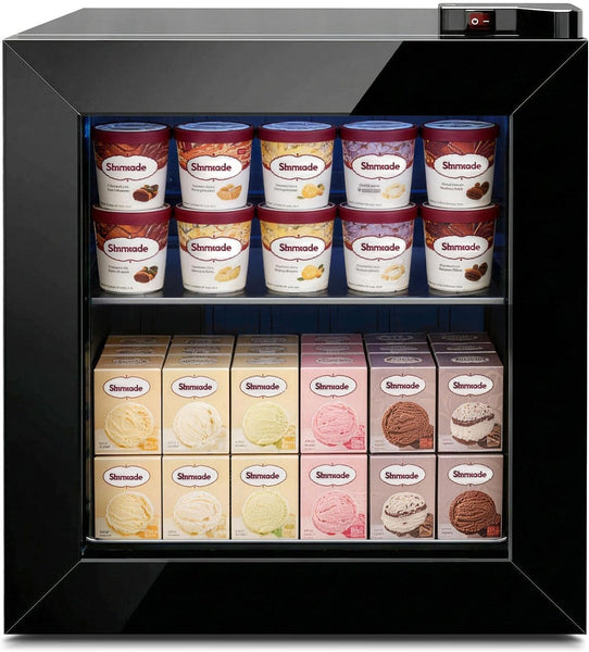 Display case with Shermade ice cream containers and boxes.