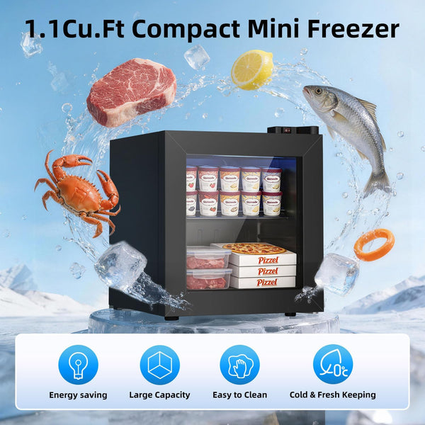 1.1Cu.Ft Compact Mini Freezer with food items on a blue background