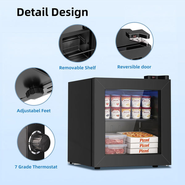 Small refrigerator with features highlighted on a light blue background