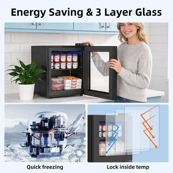 Woman opening a small refrigerator with energy-saving and three-layer glass features, shown in a kitchen setting.