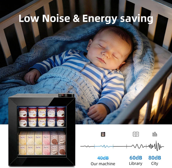 Baby sleeping in a crib with a machine labeled 'Low Noise & Energy saving' in the corner.