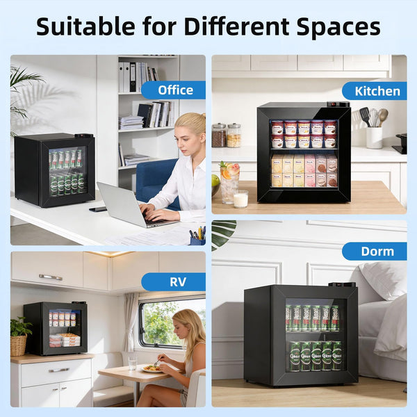 Mini refrigerator shown in various settings including office, kitchen, RV, and dorm.
