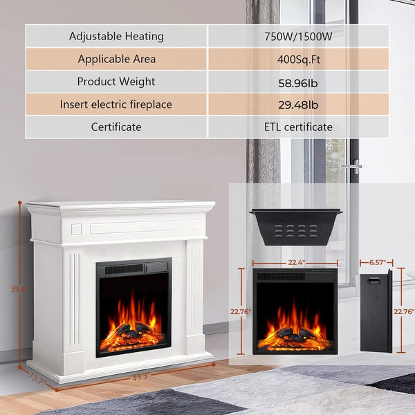 43” Electric Fireplace Mantel Wooden Surround Firebox, TV Stand with Freestanding Electric Fireplace, Remote Control, Adjustable Led Flame, 750W/1500w