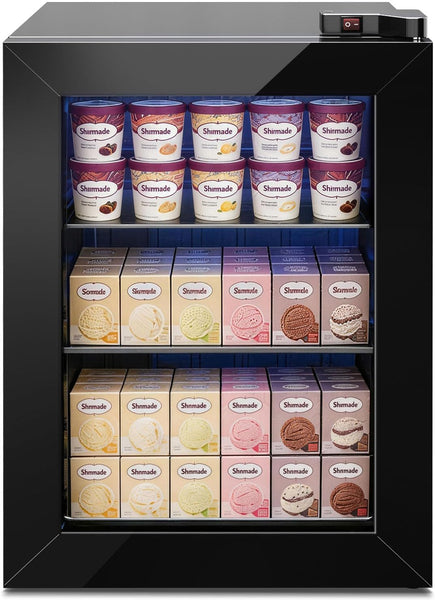 Display case with various flavored ice cream containers and boxes.