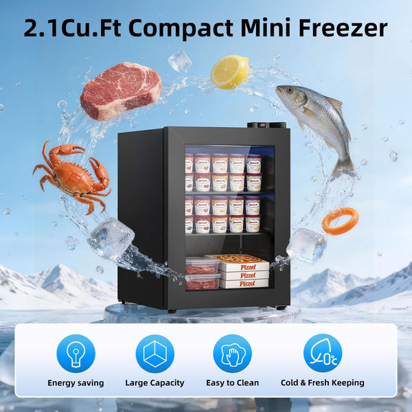 2.1Cu.Ft Compact Mini Freezer with food items around it on a snowy background