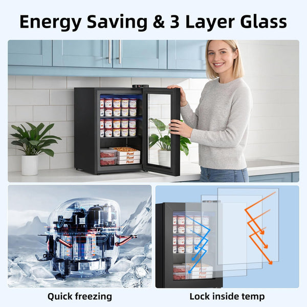 Woman opening a refrigerator with energy saving and three-layer glass features highlighted.