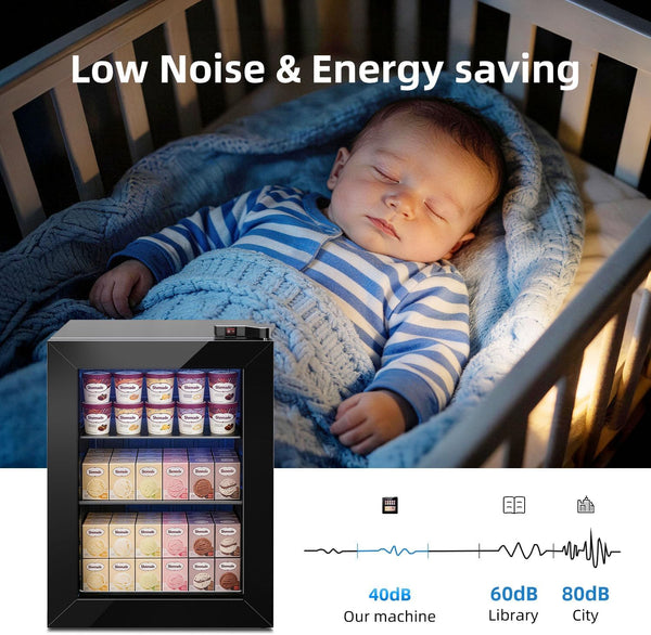 Baby sleeping in a crib with a refrigerator displaying baby formula below, labeled 'Low Noise & Energy saving'.