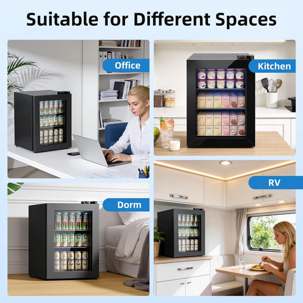 Black mini fridge shown in various settings including office, kitchen, dorm, and RV.