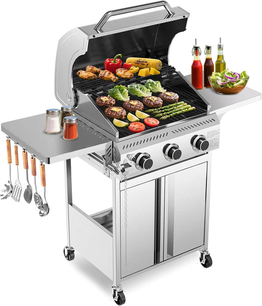 Stainless steel grill with food and utensils on a white background