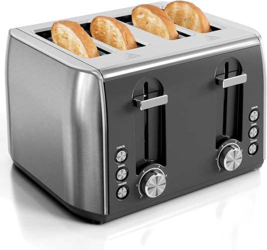 Black and silver toaster with four slices of bread on a white background