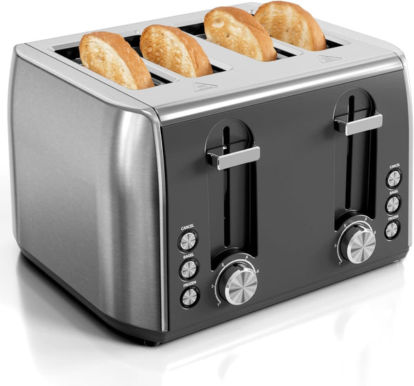Black and silver toaster with four slices of bread on a white background