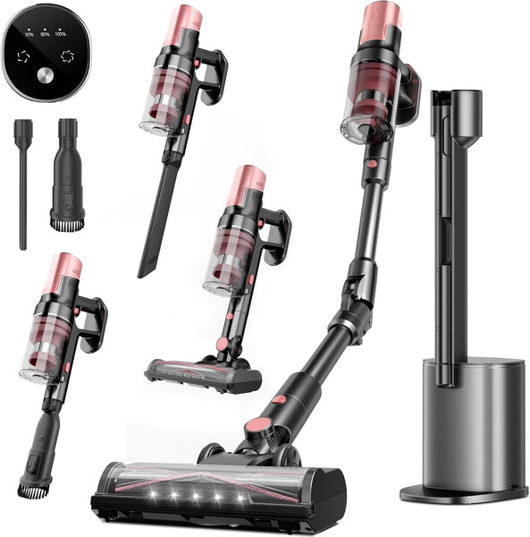 Black and red cordless vacuum cleaner with attachments on a white background