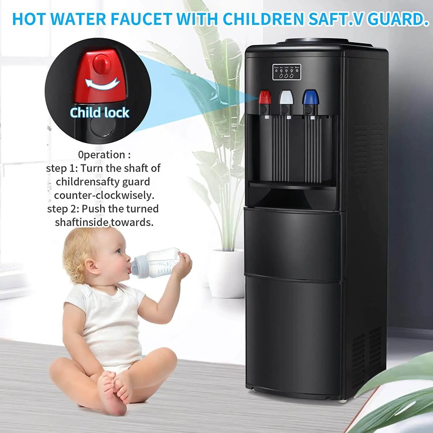 TABU Top Loading Water Dispenser, 3/5 Gallon, Storage Cabinet, Child Safety Lock (Black