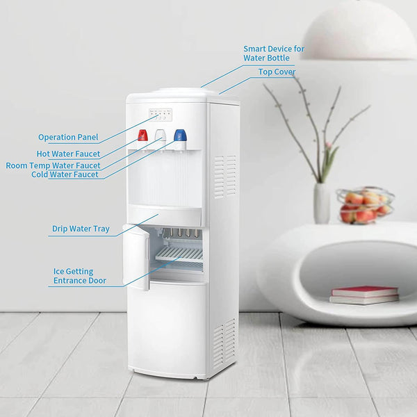 Kissair 3-in-1 Water Cooler Dispenser with Built-in Ice Maker, Top Loading Water Coolers with 3 Temperature Settings, 5 Gallon Bottle, 27Lbs/24H Ice Maker Machine with Child Safety Lock