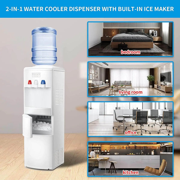 AGLUCKY 3-in-1 Water Cooler Dispenser with Built-in Ice Maker, Top Loading Water Coolers with 3 Temperature Settings, 5 Gallon Bottle, 27Lbs/24H Ice Maker Machine with Child Safety Lock