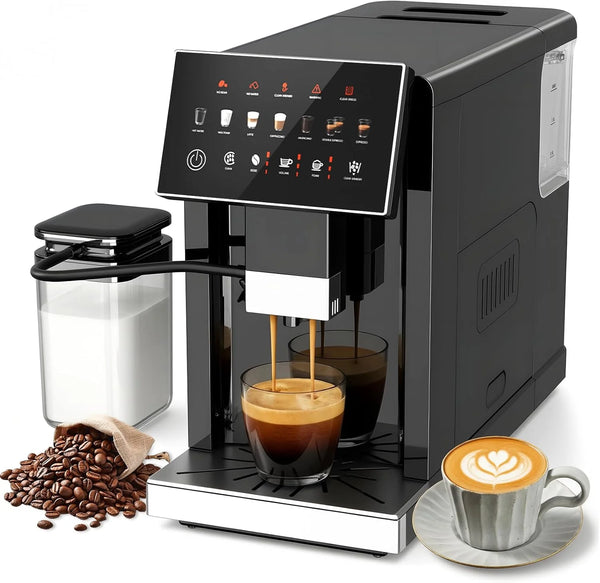Black coffee machine dispensing coffee into a glass, surrounded by coffee beans, a glass of coffee, and a cup with a cappuccino.