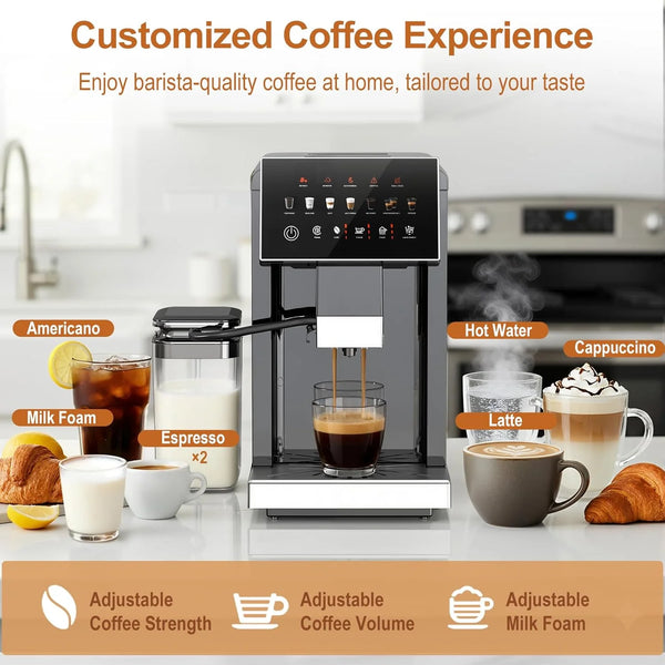 Coffee machine with various coffee beverages and text about customizable coffee experience.
