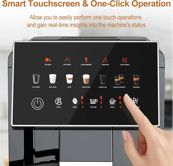 Coffee machine with a smart touchscreen interface and one-click operations.