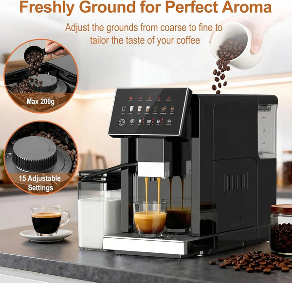 Coffee machine with coffee being dispensed, surrounded by coffee beans and a cup of coffee.