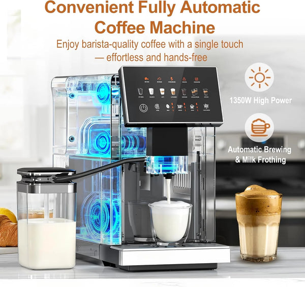 Fully automatic coffee machine with digital display and brewing components, surrounded by coffee and milk.