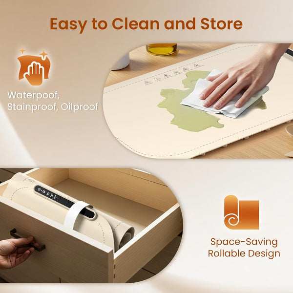 Rollable mat being cleaned and stored, with text highlighting features like waterproof, stainproof, oilproof properties and space-saving design.