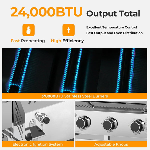 Gas grill with 24,000 BTU output and features highlighted on a white background.