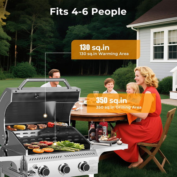 Barbecue grill with family in a backyard, highlighting cooking area and warming space.