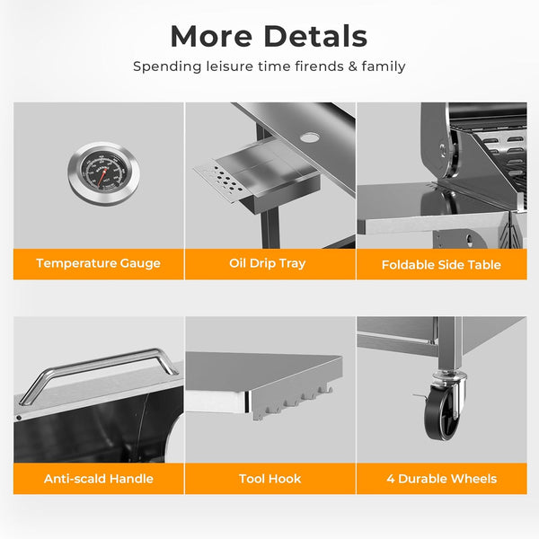 Stainless steel grill with features highlighted on a gray background