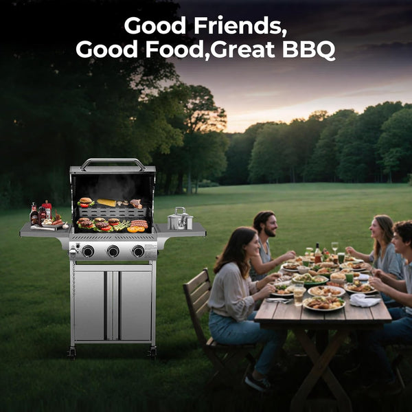 People enjoying a barbecue outdoors with a grill and food on a table.