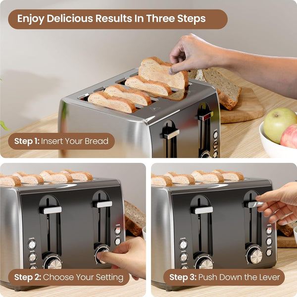Toaster with instructions on how to use it, including inserting bread and choosing settings.